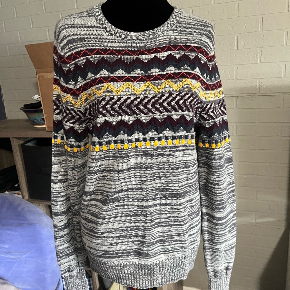 urban pipeline Gray Sweater with Burgundy and Yellow Stripes